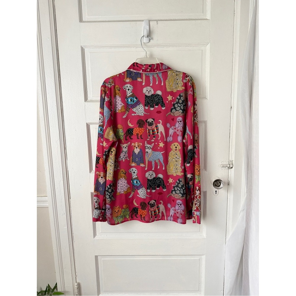 Karen Mabon Pink Dog Print Satin Long Sleeve Pajama Top Button Front XL - Picture 12 of 16